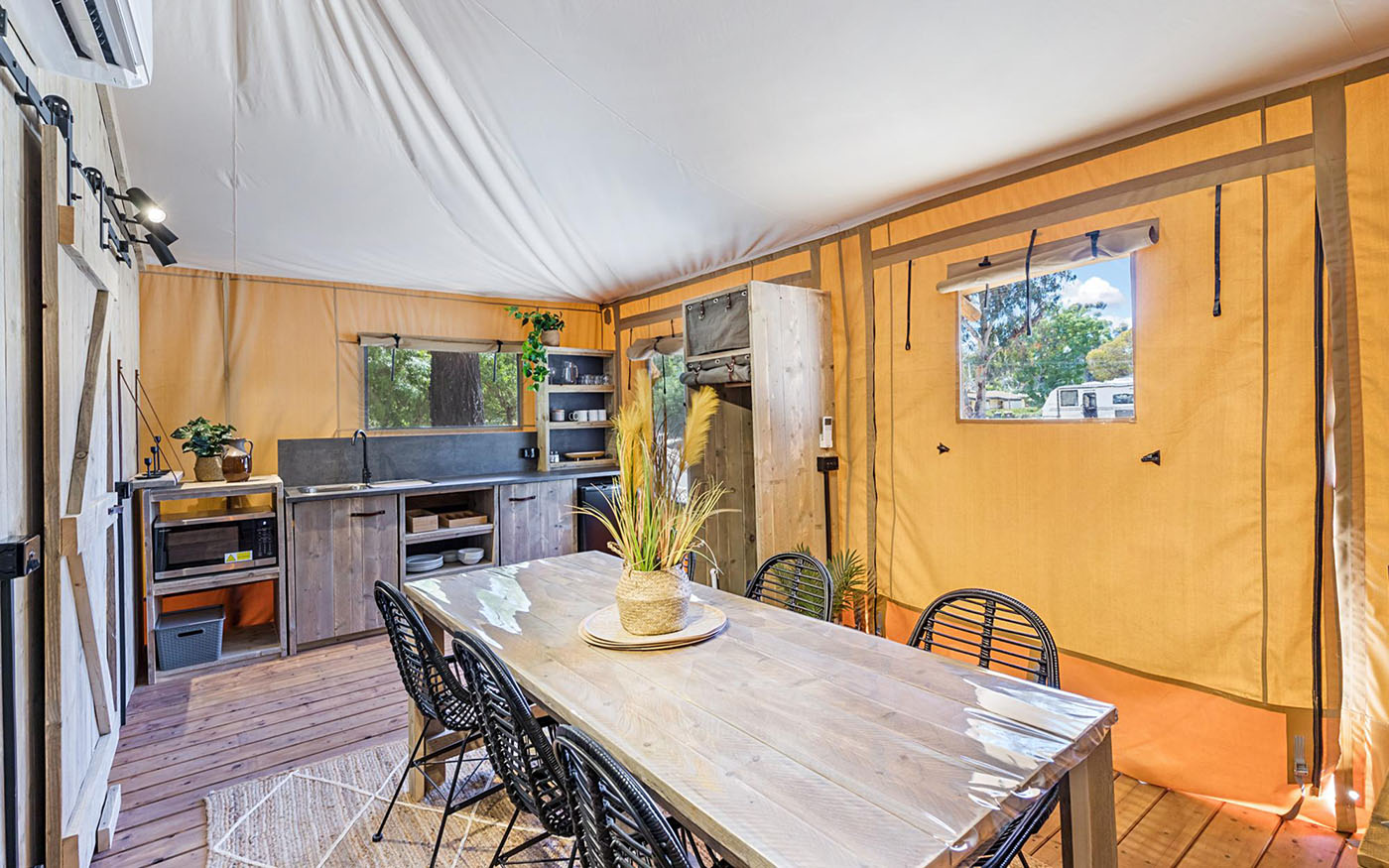 Luxury Glamping tent Living area with couch