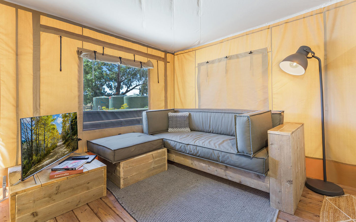 Luxury Glamping Tent with Couch and 55